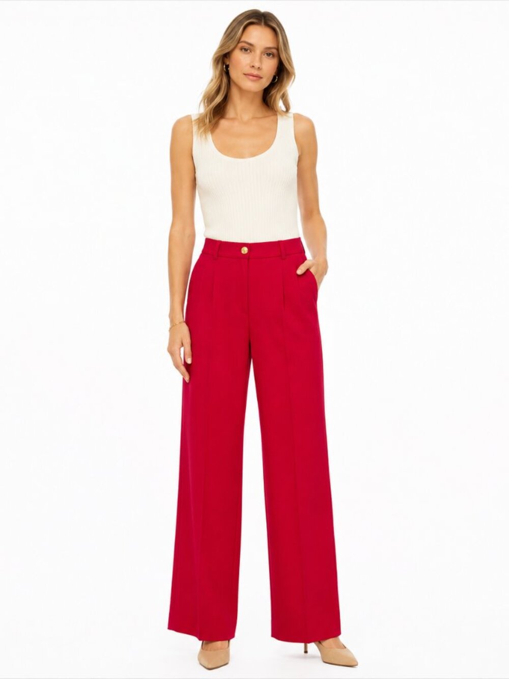 Lauren Ralph Lauren Wide Leg Wool Trousers Red Pink Gold Button High Rise 12